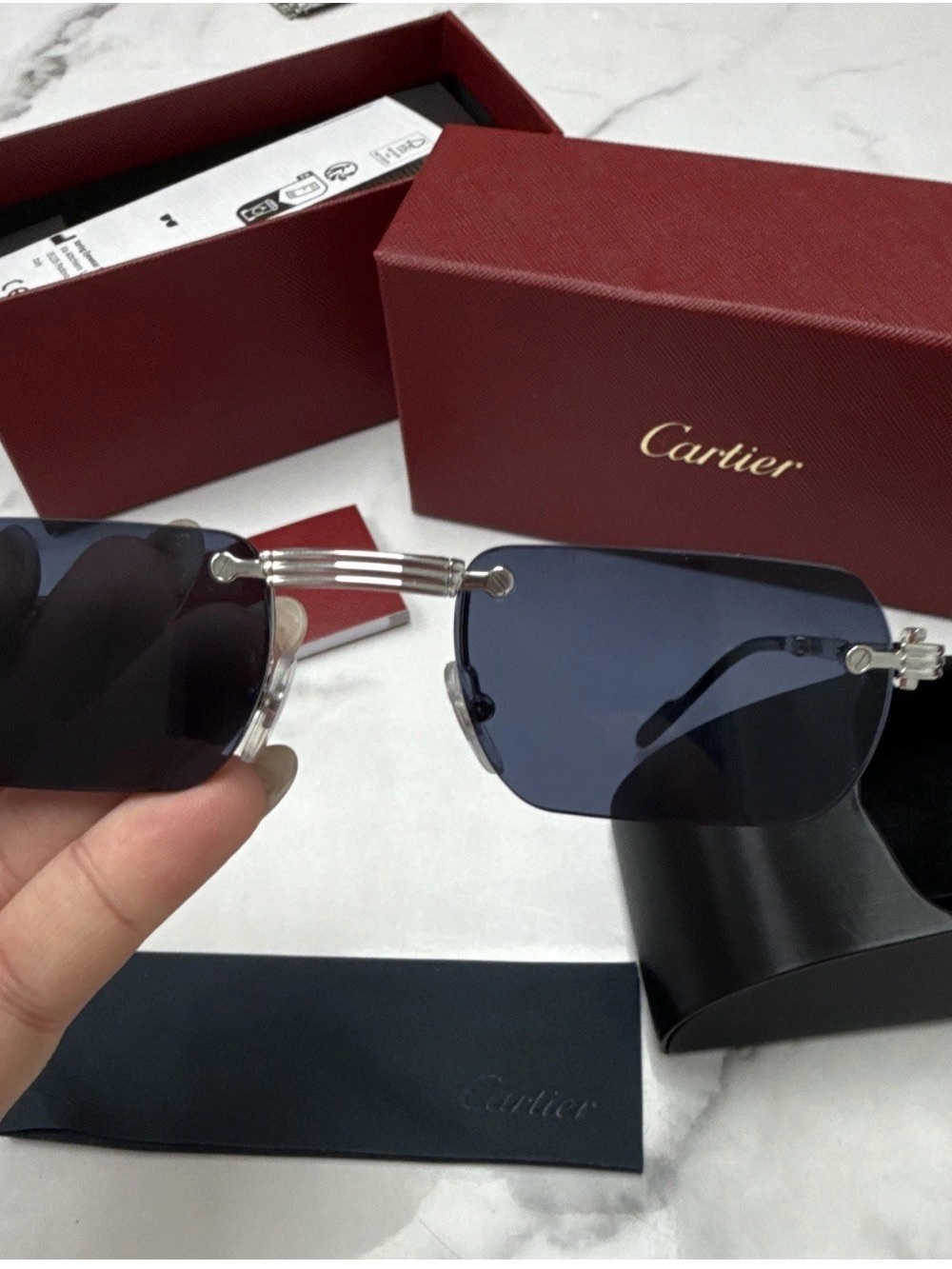 Cartier Men's Rimless Sunglasses in Dark Blue and Silver-Tone